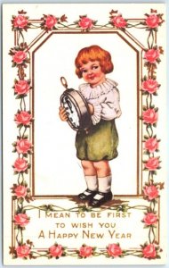 Postcard - Little Girl with a Clock Art Print - New Year Holiday Greeting Card 