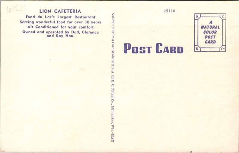 Linen Postcard Lion Cafeteria 91-93 South Main Street in Fond du Lac, Wisconsin