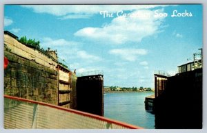 Canadian Soo Locks Viewed From Deck Of A Cruise Boat, Vintage Chrome Postcard