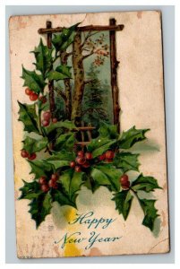 Vintage 1911 New Years Postcard Mistletoe Holly Berries Embossed NICE