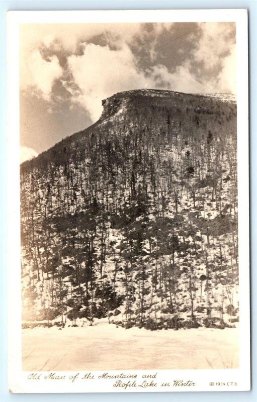 Postcard NH Old Man of the Mountain Profile Lake in Winter RPPC Real Photo L14