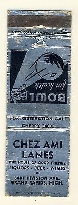 Grand Rapids, Michigan/MI Match Cover, Chez Ami Lanes & Lounge-Bowling, 1950&...
