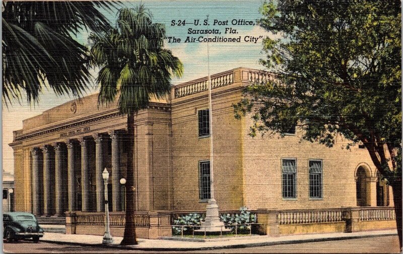 Us Post Office Sarasota Florida Linen 1949 Cancel Pm Art Museum Pm Ct Postcard 