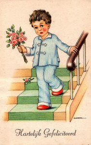 Boy With Flowers On The Stairs Vintage Postcard 09.88