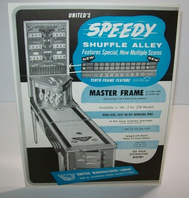 Speedy Shuffle Alley Arcade FLYER United 1954 Original Bowling Game Art Sheet 