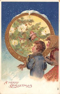 A Merry Christmas Children W/ Christmas Tree, Snow Falling, Embossed, PC U9206