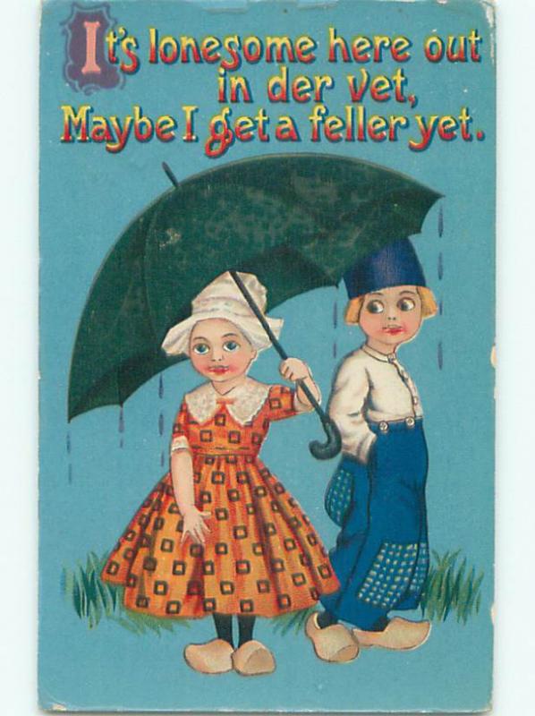 Pre-Linen valentine GIRL WITH UMBRELLA WHILE BOY STANDS IN THE RAIN k9563