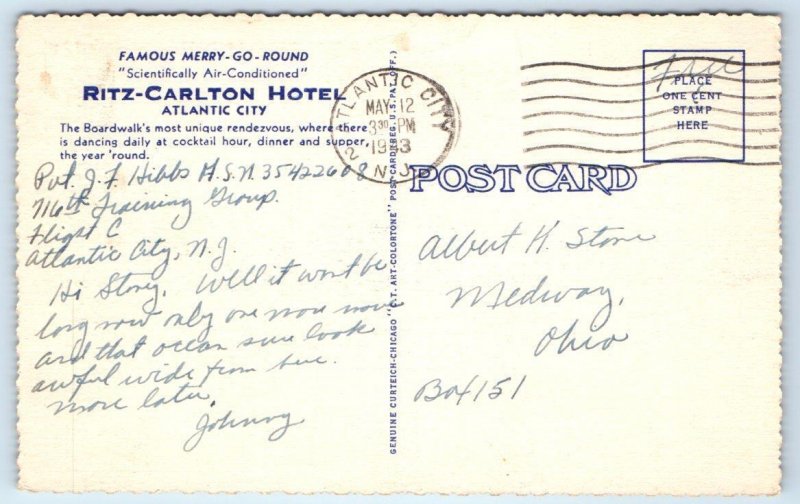 ATLANTIC CITY, NJ ~ Ritz Carlton Hotel MERRY GO ROUND BAR 1943 Linen Postcard