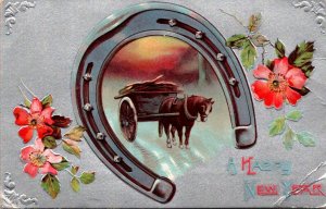 Happy New Year With Horseshoe and Horse and Wagon