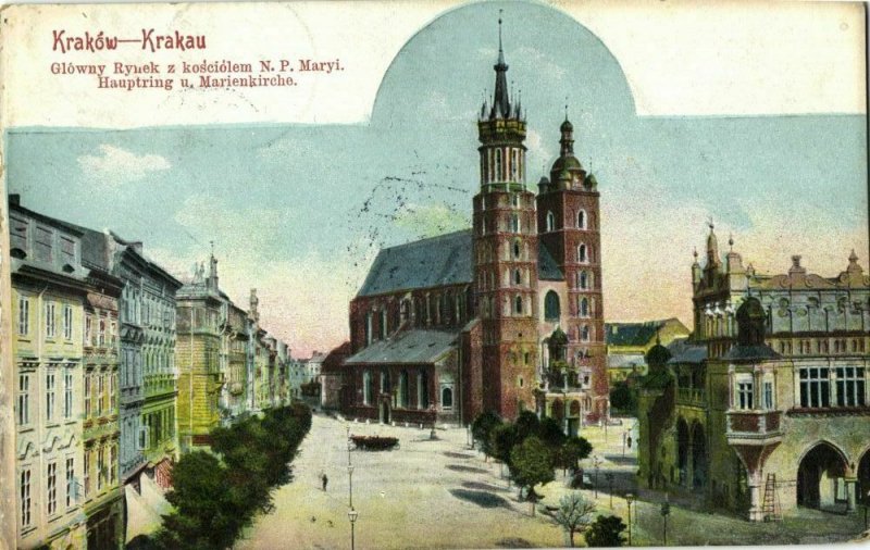 poland, KRAKOW KRAKAU, Market Square with Maria Church (1923) Postcard