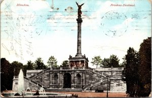 VINTAGE POSTCARD PEACE MONUMENT MUNICH GERMANY MAILED 1908  {punch hole repair}