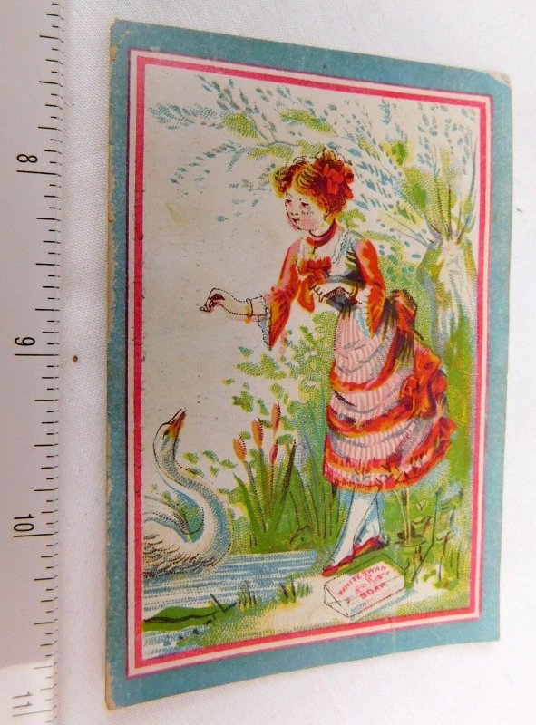 1870's-80's Lovely Victorian Lady White Swan Soap Flower City Co Trade Card F47