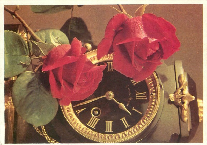 Postcard greetings candle rose flowers clock