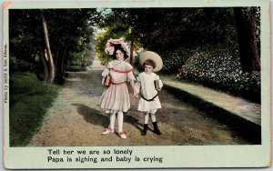Young Girl & Boy Dressed for School, Lonely Papa Sighing Baby Crying, Postcard