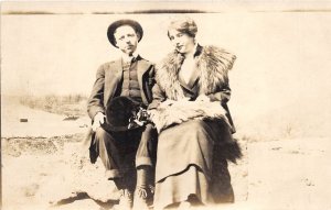 c1908 RPPC Real Photo Postcard married Couple Woman Fur Collar