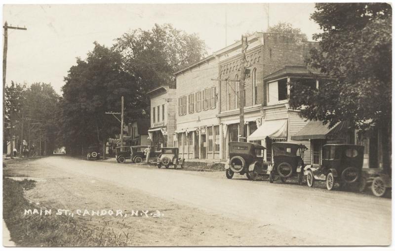 Candor NY Dirt Street View Store Fronts Old Cars RPPC Real Photo Postcard