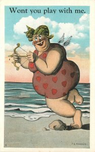Postcard C-1910 Pleasantly plump bathing suit cupid at beach Bow Arrow 22-12796