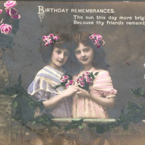 c1910s Birthday Remembrances Cute Little Girls RPPC Hand Colored Real Photo A134