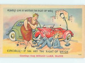 Linen comic signed CHUBBY WOMAN HAS THE RIGHT OF WAY - WEIGH WEIGHT JOKE HJ2023