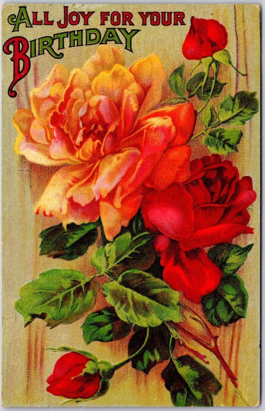 All Joy For Your Birthday Red-Orange Rose Flowers Greetings Postcard