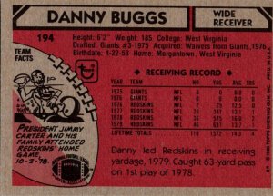 1980 Topps Football Card Danny Buggs WR Washington Redskins sun0016