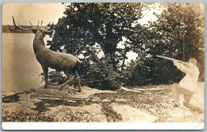 HUNTING OF DEER STATUE ANTIQUE REAL PHOTO POSTCARD RPPC PHOTOMONTAGE collage