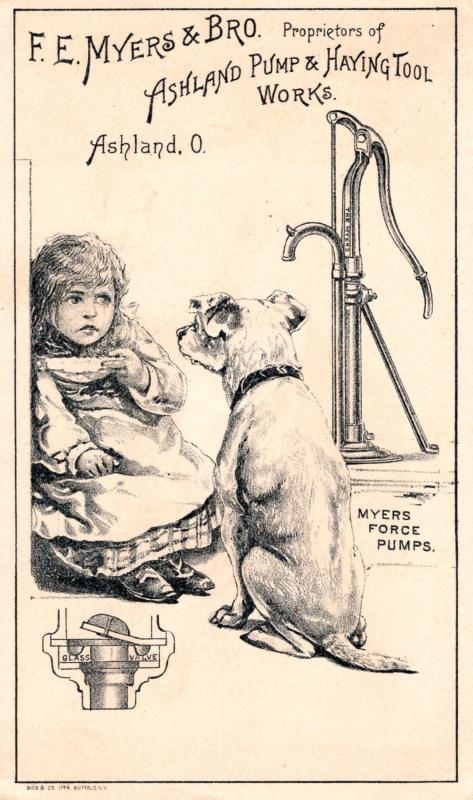 VICTORIAN TRADE CARD, F. E. MYERS & BRO. PUMP