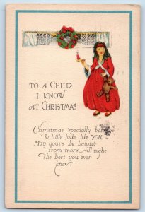 Christmas Postcard Girl With Teddy Bear Candle Berries Wreath Milwaukee WI 1925