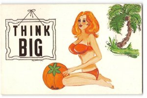 Risque Florida Comic THINK BIG Redhead Bikini Pin-Up 1960s Vintage Postcard