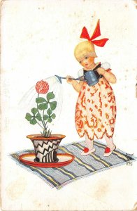 Lot170 girl watering flower postcard painting primus artist signed Mela Koehler