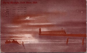 Vtg 1910s Pier at Night Moonlight View South Haven Michigan MI Postcard