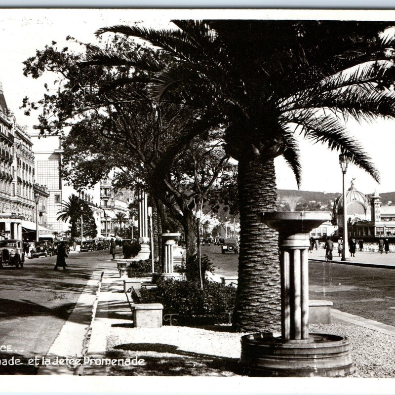 c1920s Nice, France Promenade Jets Fountain Palm Tree Streetcar Hills A360