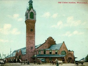 C.1910 Union Train Station Worcester Mass Buggies Horses Vintage Postcard P79 