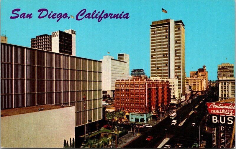 San Diego California CA E Broadway Downtown Skyscrapers Postcard VTG UNP Vintage 