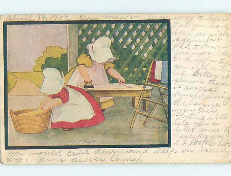 Pre-1907 signed SUNBONNET TWINS WORKING ON IRONING DAY HL4835