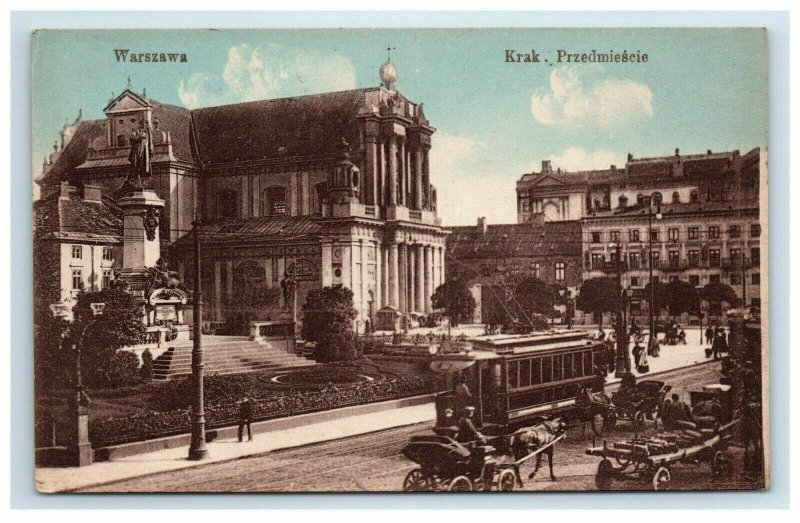 Warsaw Poland Warszawa Krak Przedmiescie Postcard Trolley Horse Carriage Street