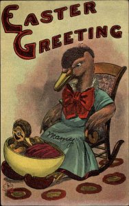 Easter Fantasy Mother Duck in Dress with Baby in Egg Cradle c1910 Postcard