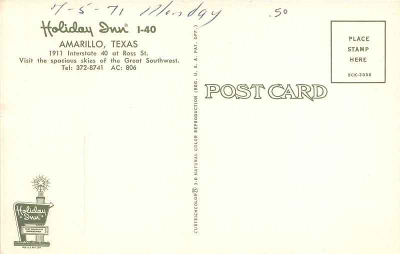 Amarillo Texas~Hliday Inn on Interstate Highway 40 @ Ross Street~1960s Postcard