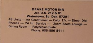 Vintage Postcard Drake Motor Inn Watertown South Dakota US 212 & 81 1988  733