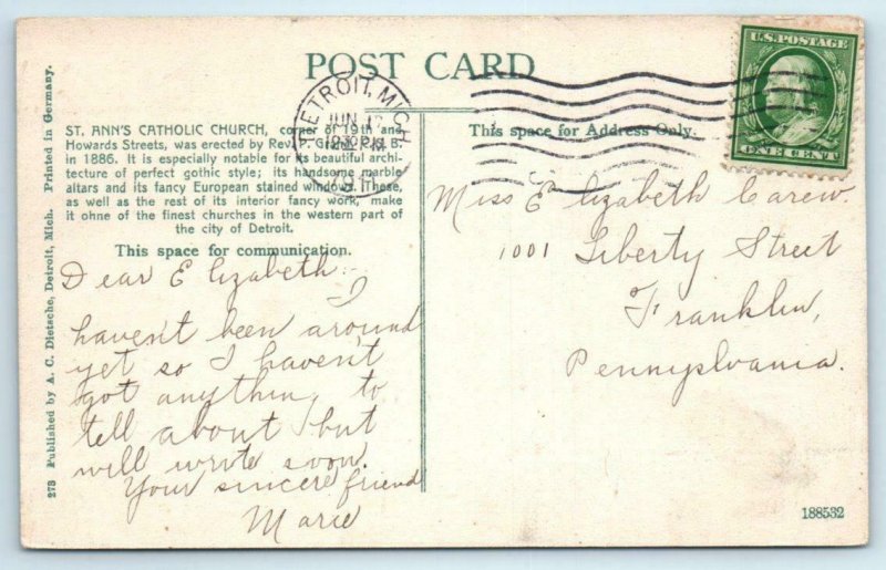 DETROIT, Michigan MI ~ ST. ANN'S CATHOLIC CHURCH  1911 Postcard