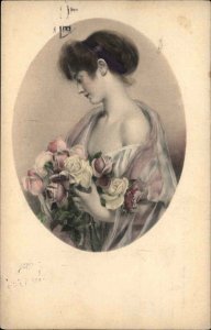 Beautiful Woman with Roses Decolletage Suggestive c1910 Vintage Postcard