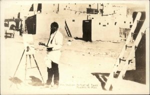 Native Americana Artist Painting at Work Taos Pueblo NM New Mexico c1930s RPPC