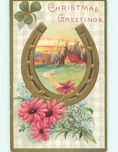 Unused Divided-Back christmas HORSESHOE & PASTURE & PINK DAISY FLOWERS r4470