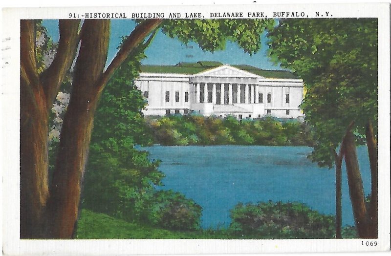 Historical Building and Lake Delaware Park Buffalo New York Mailed 1952