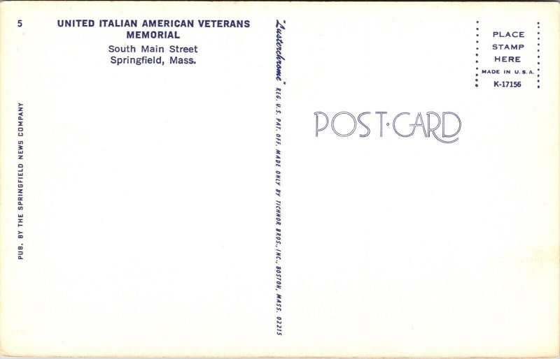 United Italian American Veterans Memorial S Main St Springfield MA Postcard UNP 