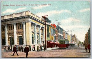 London Ontario Canada c1910 Postcard Dundas Street with Bank Of Commerce Trolley