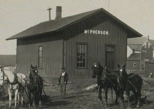 McPherson IOWA RPPC c1910 DEPOT TRAIN STATION nr Red Oak Emerson GHOST TOWN IA