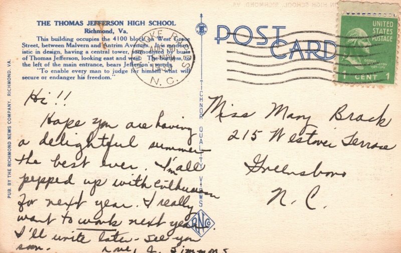 Vintage Postcard 1939 Thomas Jefferson High School Modern Richmond Virginia VA