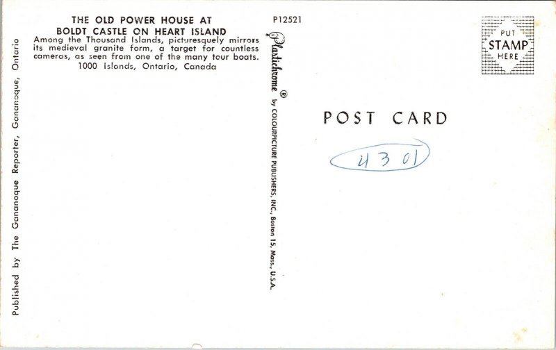 Old Power House Boldt Castle Heart Island 1000 Islands Ontario Canada Postcard 