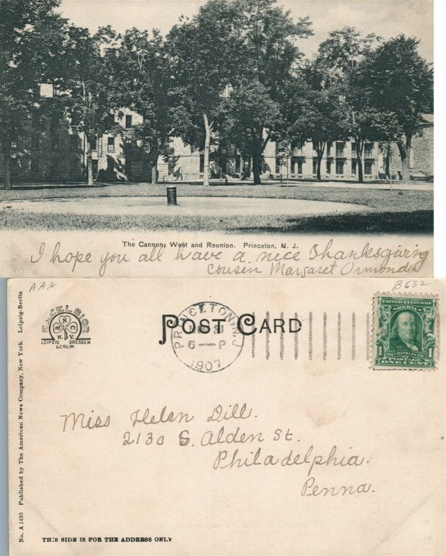 PRINCETON N.J. THE CANNO WEST & REUNION 1907 UNDIVIDED ANTIQUE POSTCARD